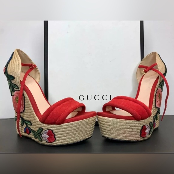 New Authentic Gucci Embroidered Floral Platform Wedges Women Size US 8.5 - Picture 1 of 5